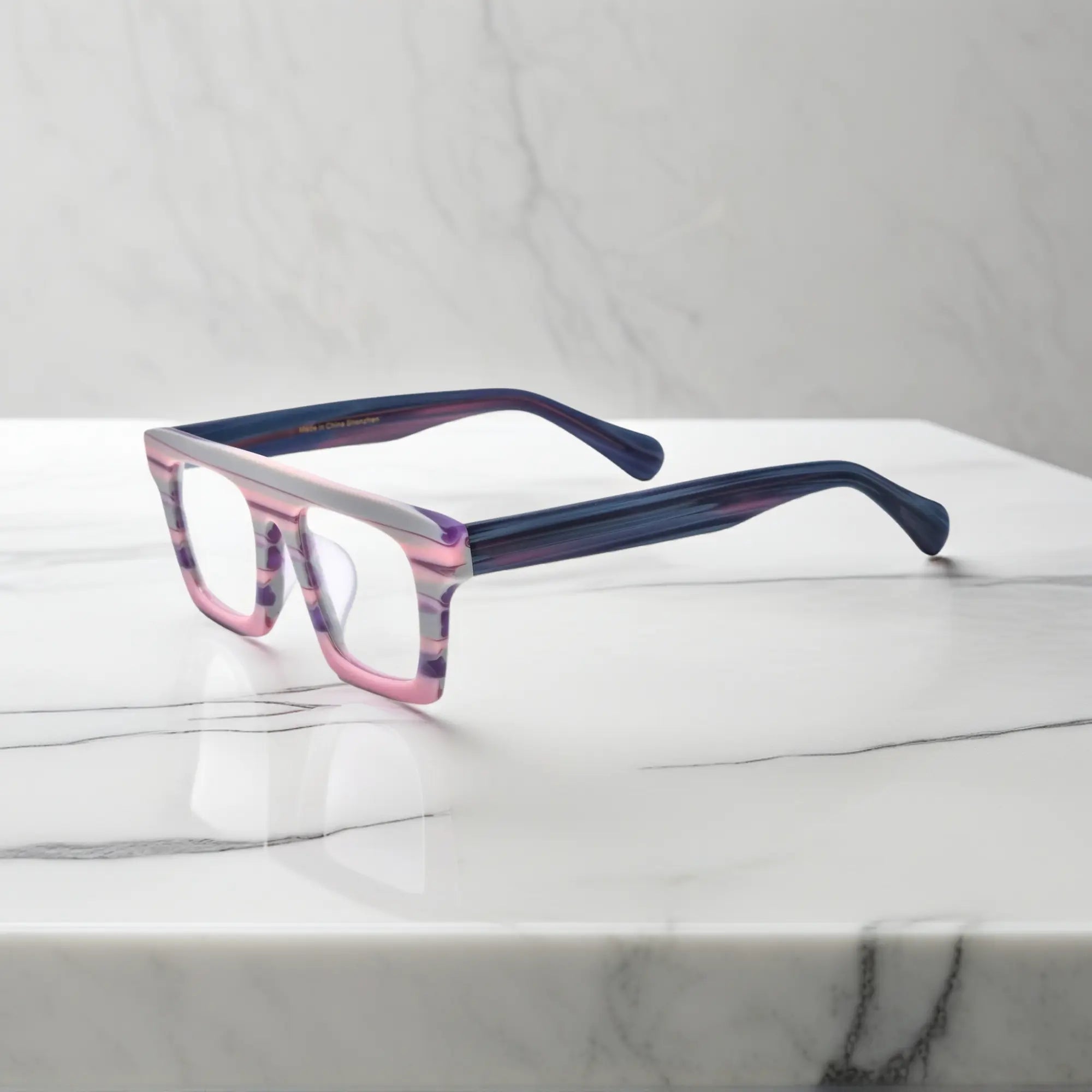 Side profile highlighting the temple structure and acetate finish of VoyueLens Acetate Square Eyeglasses in Violet Mirage